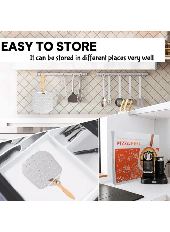 YelaJoy 12 Inch Aluminum Pizza Peel with Foldable Wood Handle, Perforated Pizza Paddle for Baking Homemade Pizza and Artisan Breads, 61cm Total Length - Image 4